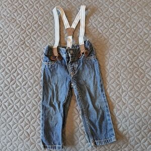 Carter's Blue Denim Jeans with Navy & Pink Thin Striped Detail Suspenders, 12 Mo